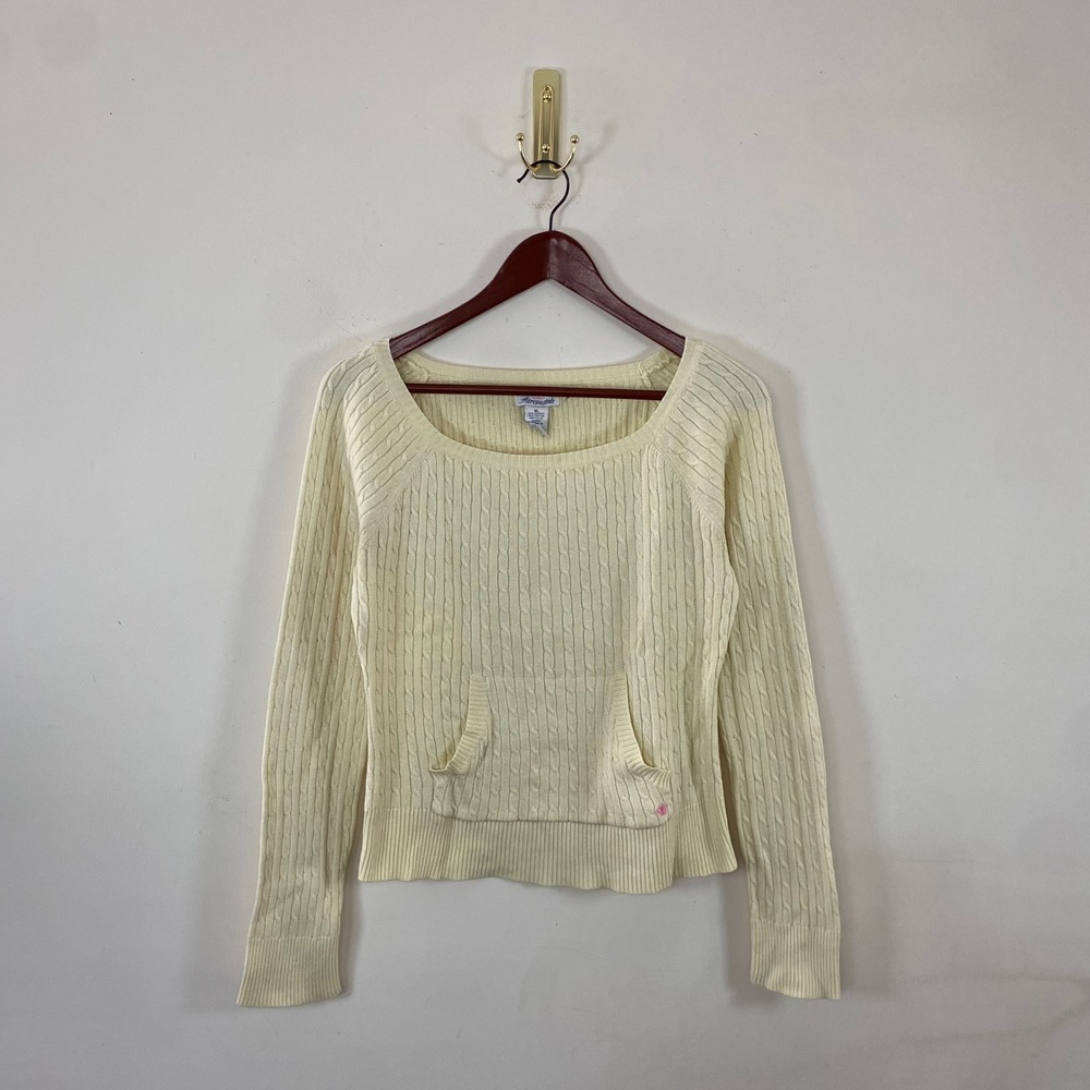 Vintage Y2K Aeropostale Butter Yellow Cable Knit Sweater Front‎ Pocket Preppy